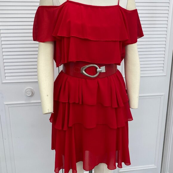 Vintage Nanette Red Cocktail SzM Tiered Dress Cold Shoulder Special Events Dance - Picture 1 of 10
